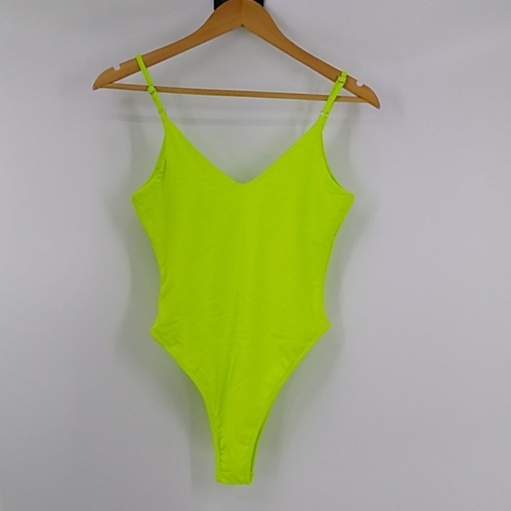 Fluogreen Sexy V-Neck Leotard Bodysuit